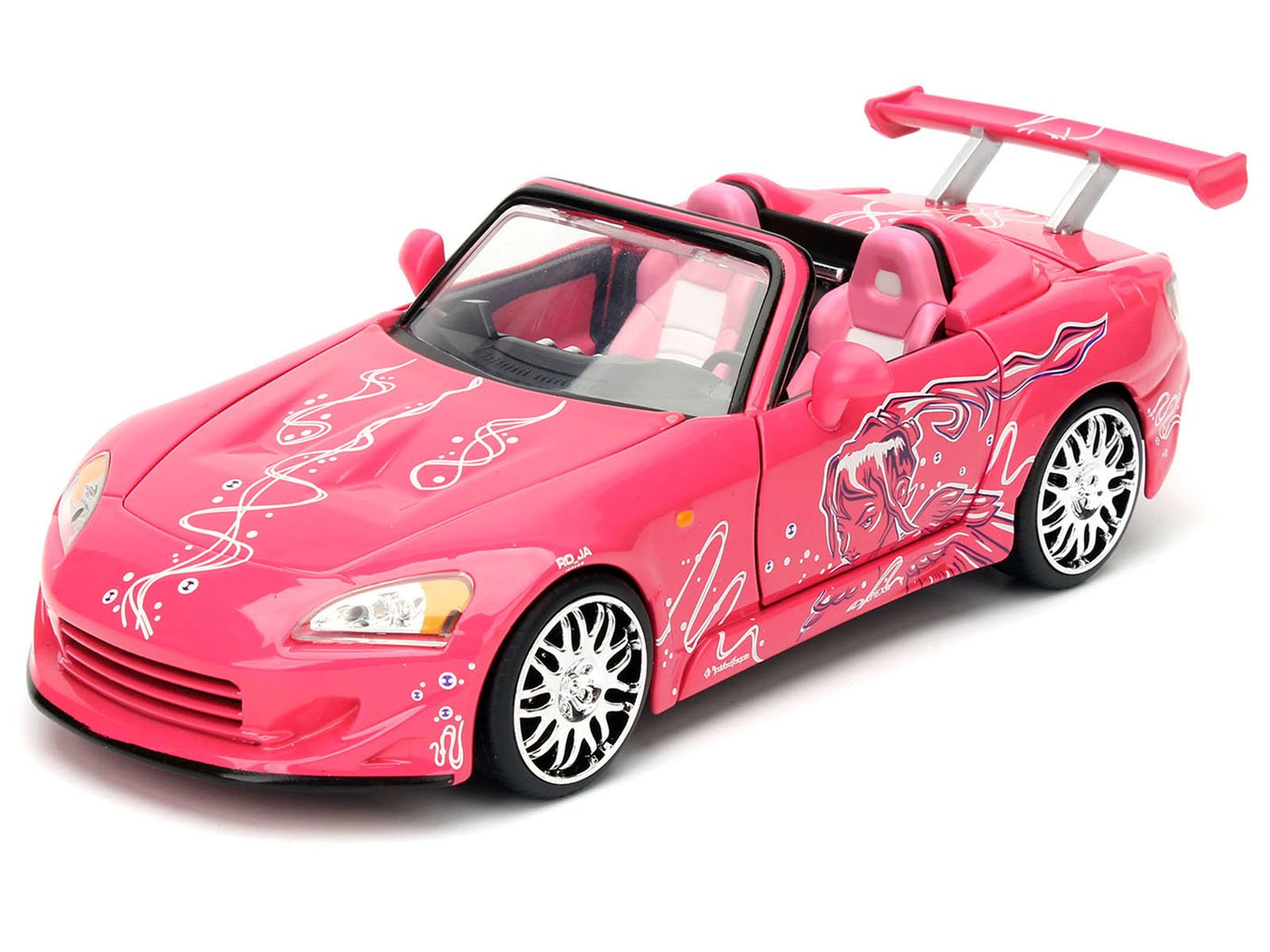 Brian's Nissan Skyline GT-R (R34) Silver Metallic with Blue Stripes and Suki's Honda S2000 Pink with Graphics Set of 2 Cars "Fast & Furious 25th Anniversary" "Fast & Furious" Series 1/24 Diecast Model Cars by Jada view 5