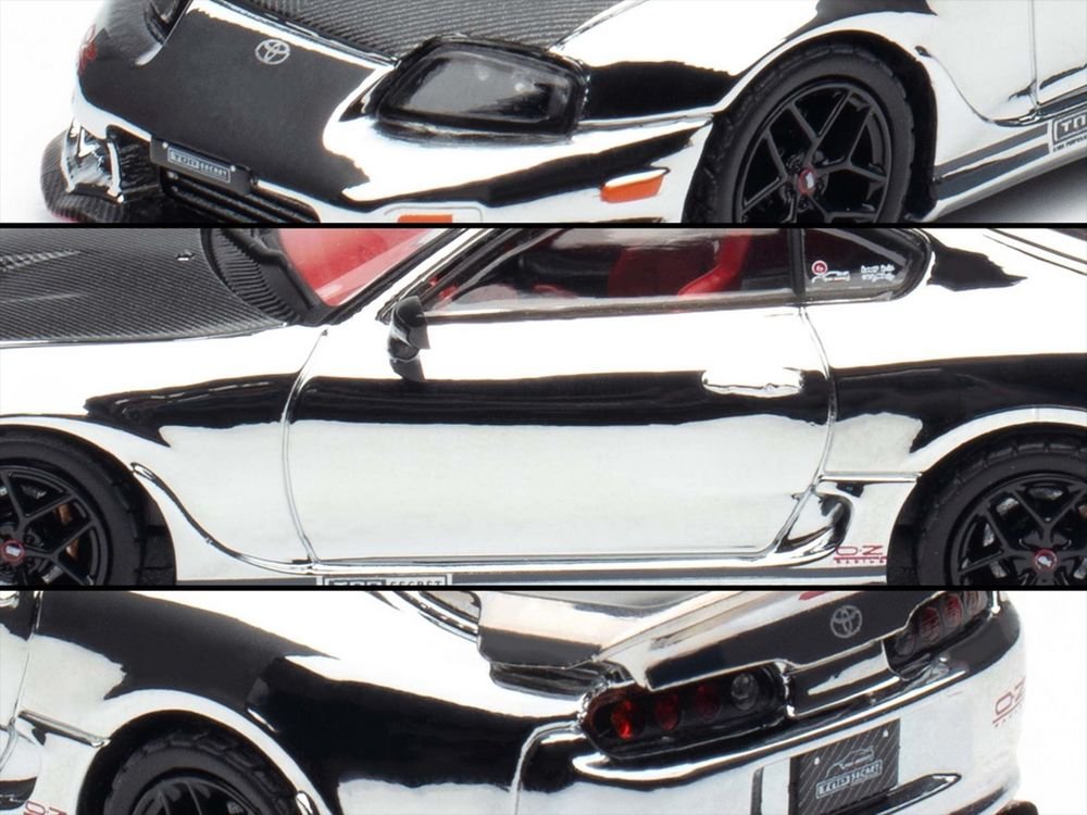 Toyota Supra (A80) "Top Secret" GT300 RHD (Right Hand Drive) Chrome with Carbon Hood and Red Interior "Tokyo Auto Salon 2026 Event Exclusive" 1/64 Diecast Model Car by Inno Models view 2