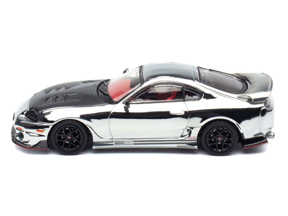 Toyota Supra (A80) "Top Secret" GT300 RHD (Right Hand Drive) Chrome with Carbon Hood and Red Interior "Tokyo Auto Salon 2026 Event Exclusive" 1/64 Diecast Model Car by Inno Models view 3