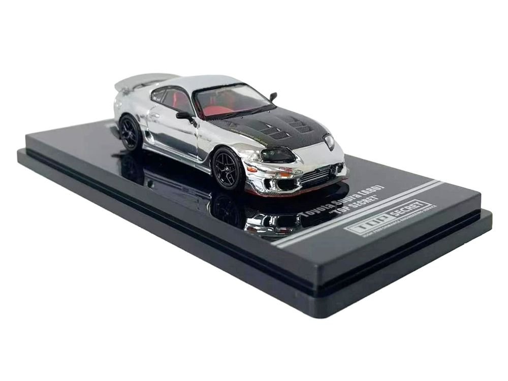 Toyota Supra (A80) "Top Secret" GT300 RHD (Right Hand Drive) Chrome with Carbon Hood and Red Interior "Tokyo Auto Salon 2026 Event Exclusive" 1/64 Diecast Model Car by Inno Models view 5
