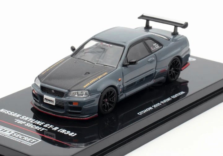 Nissan Skyline GT-R (R34) "Top Secret" RHD (Right Hand Drive) Stealth Gray with Carbon Hood "GTSHOW 2025 Event Edition" 1/64 Diecast Model Car by Inno Models view 4