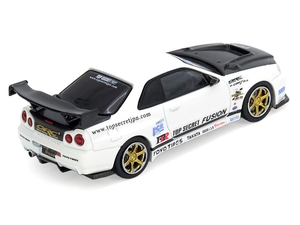 Nissan Skyline GT-R (R34) "Top Secret" RHD (Right Hand Drive) White with Carbon Hood 1/64 Diecast Model Car by Inno Models view 2