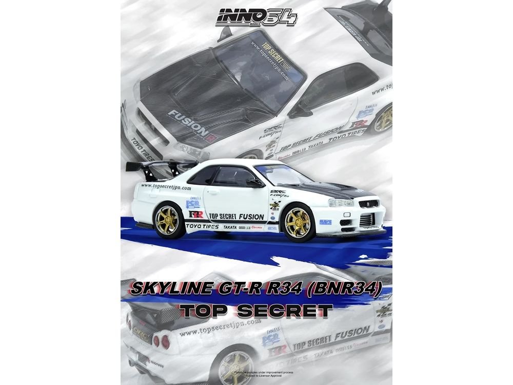 Nissan Skyline GT-R (R34) "Top Secret" RHD (Right Hand Drive) White with Carbon Hood 1/64 Diecast Model Car by Inno Models view 3