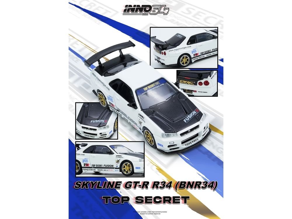 Nissan Skyline GT-R (R34) "Top Secret" RHD (Right Hand Drive) White with Carbon Hood 1/64 Diecast Model Car by Inno Models view 4