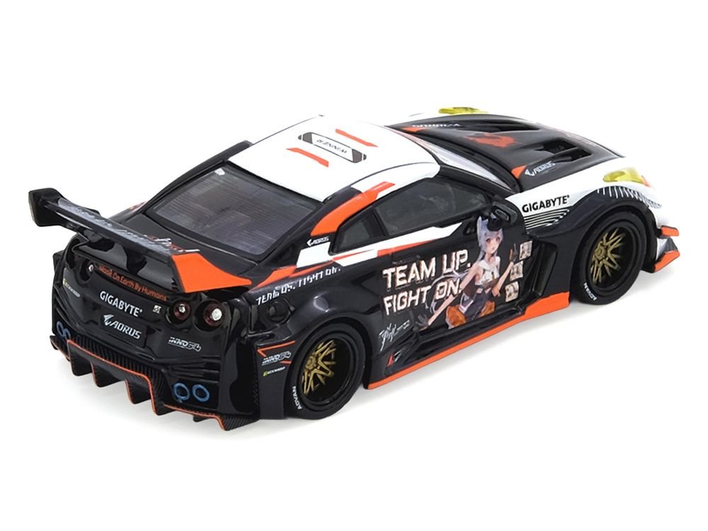 Nissan GT-R (R35) Widebody RHD (Right Hand Drive) Black and White with Graphics "AORUS X INNO64 Limited Edition" 1/64 Diecast Model Car by Inno Models view 2