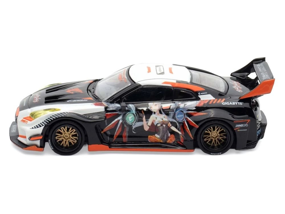 Nissan GT-R (R35) Widebody RHD (Right Hand Drive) Black and White with Graphics "AORUS X INNO64 Limited Edition" 1/64 Diecast Model Car by Inno Models view 3