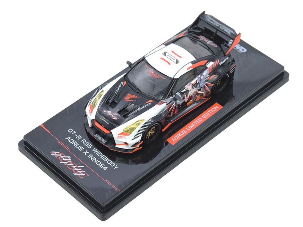 Nissan GT-R (R35) Widebody RHD (Right Hand Drive) Black and White with Graphics "AORUS X INNO64 Limited Edition" 1/64 Diecast Model Car by Inno Models view 4