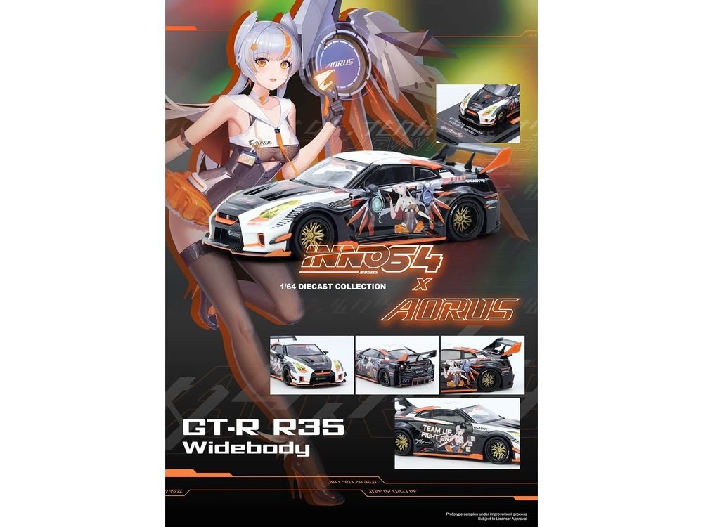 Nissan GT-R (R35) Widebody RHD (Right Hand Drive) Black and White with Graphics "AORUS X INNO64 Limited Edition" 1/64 Diecast Model Car by Inno Models view 5