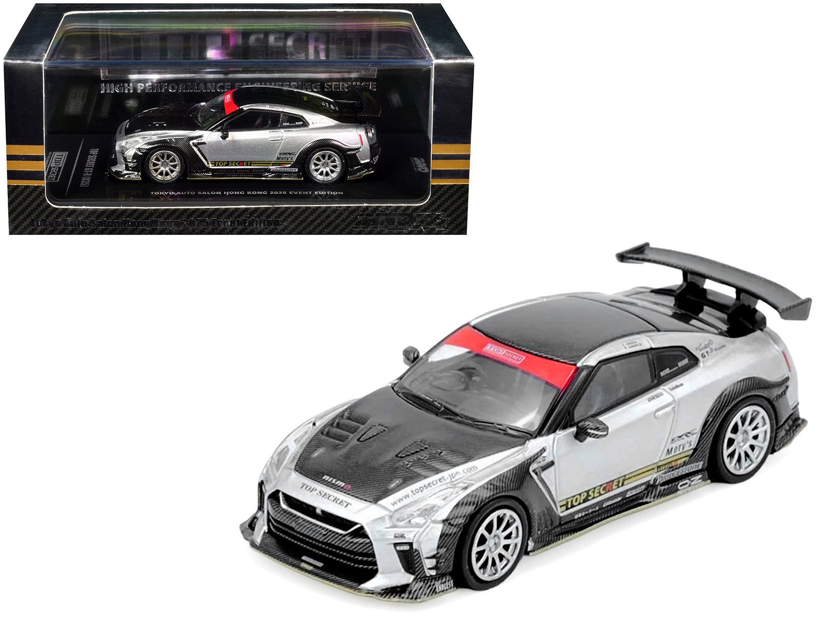 Nissan GT-R (R35) Top Secret RHD (Right Hand Drive) Silver Metallic with Carbon Hood and Top "Tokyo Auto Salon Hong Kong 2025 Event Edition" 1/64 Diecast Model Car by Inno Models