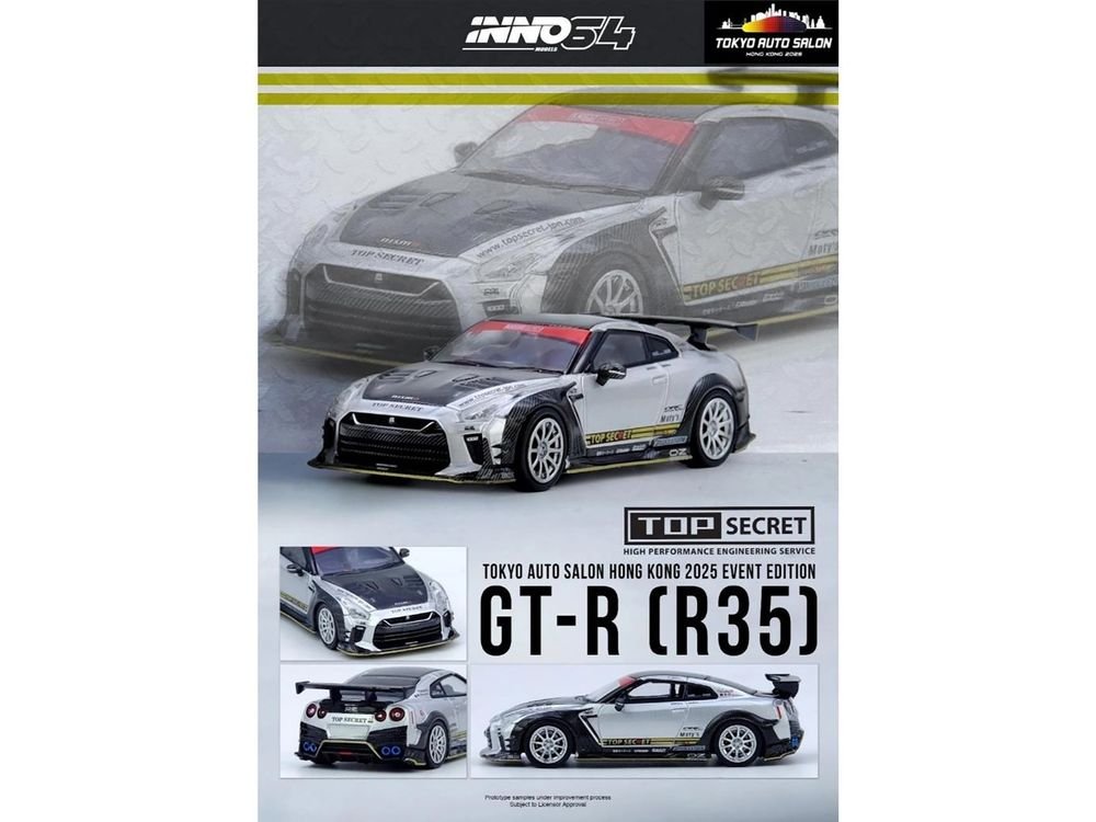 Nissan GT-R (R35) Top Secret RHD (Right Hand Drive) Silver Metallic with Carbon Hood and Top "Tokyo Auto Salon Hong Kong 2025 Event Edition" 1/64 Diecast Model Car by Inno Models view 5