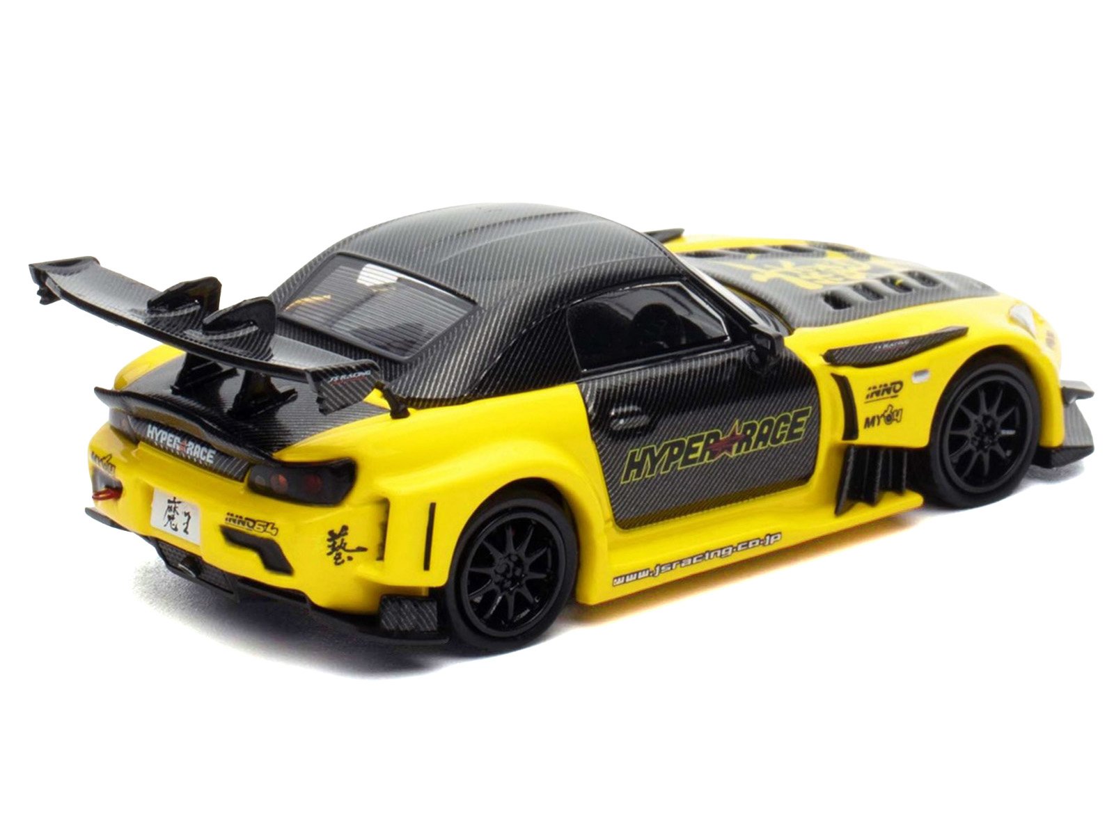 Honda S2000 RHD (Right Hand Drive) "J's Racing" Yellow with Carbon Hood and Top with Graphics "Tokyo Auto Salon Kuala Lumpur 2025 Event Edition" 1/64 Diecast Model Car by Inno Models view 3