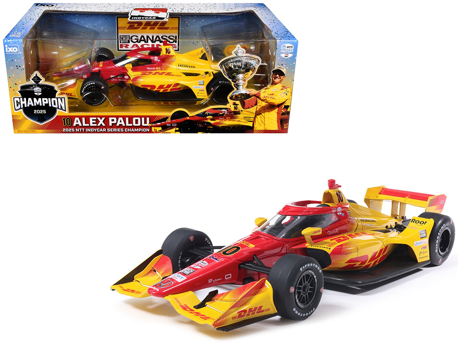 Dallara IndyCar #10 Alex Palou "DHL" Chip Ganassi Racing (Road Course Configuration) Champion "NTT IndyCar Series" (2025) 1/18 Diecast Model Car by IXO Models