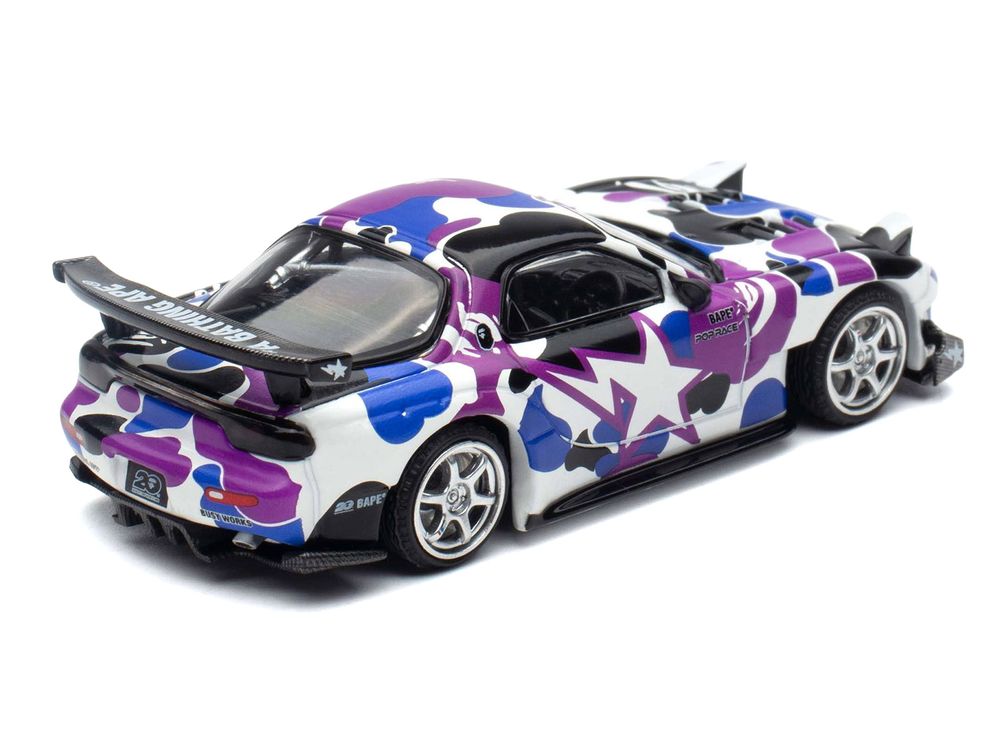 Mazda RX-7 (FD3S) RHD (Right Hand Drive) "BAPE (A Bathing Ape)" Purple Camouflage 1/64 Diecast Model Car by Pop Race view 4