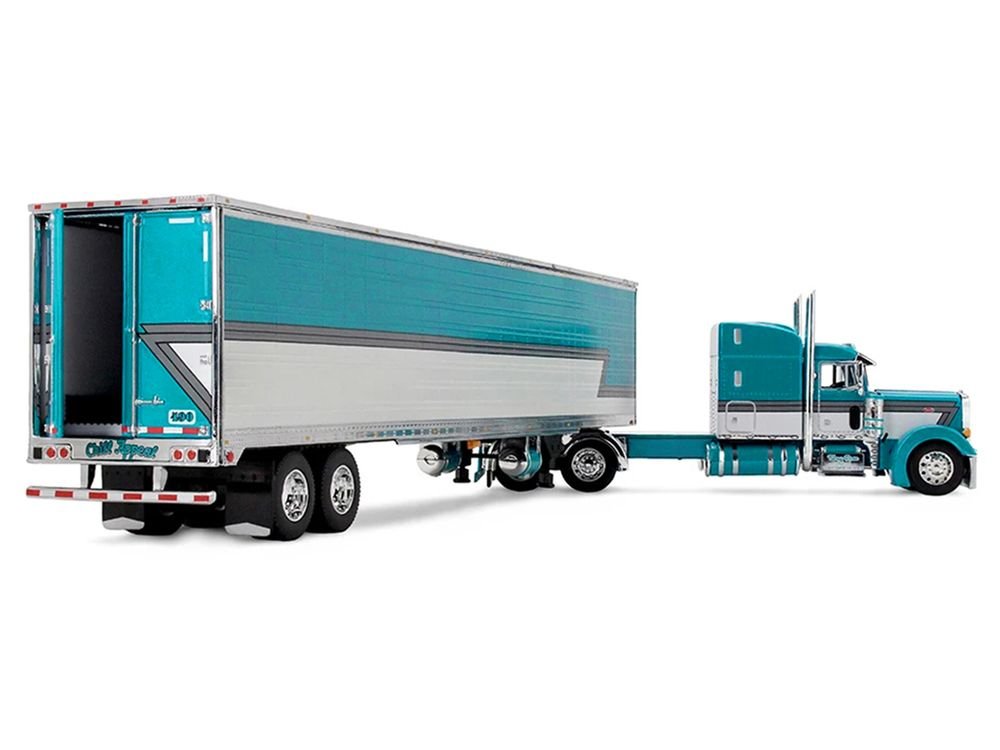 Peterbilt 379 with 63" Mid-Roof Sleeper and 53' Utility Trailer with Reefer "Tway Rose Transport" Teal and White with Stripes "Big Rigs" Series II #5 1/64 Diecast Model by DCP/First Gear view 3
