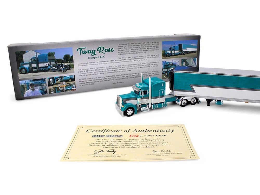 Peterbilt 379 with 63" Mid-Roof Sleeper and 53' Utility Trailer with Reefer "Tway Rose Transport" Teal and White with Stripes "Big Rigs" Series II #5 1/64 Diecast Model by DCP/First Gear view 4
