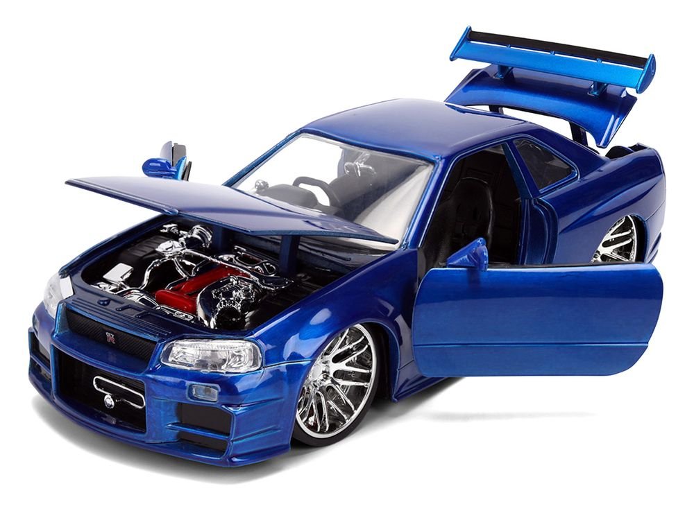 Brian's Nissan Skyline GT-R (R34) RHD (Right Hand Drive) Blue Color Brush Finish 25 Years of Fast & Furious Anniversary "2 Fast 2 Furious" (2003) Movie "Fast & Furious" 1/24 Diecast Model Car by Jada view 2