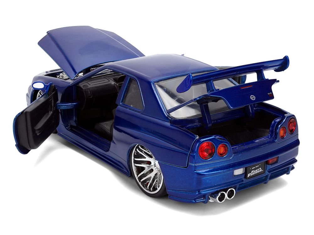 Brian's Nissan Skyline GT-R (R34) RHD (Right Hand Drive) Blue Color Brush Finish 25 Years of Fast & Furious Anniversary "2 Fast 2 Furious" (2003) Movie "Fast & Furious" 1/24 Diecast Model Car by Jada view 4