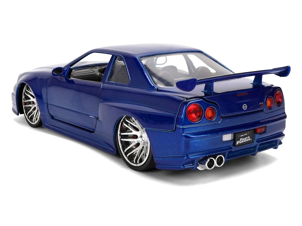 Brian's Nissan Skyline GT-R (R34) RHD (Right Hand Drive) Blue Color Brush Finish 25 Years of Fast & Furious Anniversary "2 Fast 2 Furious" (2003) Movie "Fast & Furious" 1/24 Diecast Model Car by Jada view 5