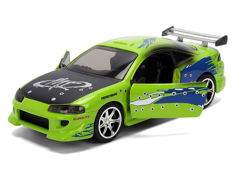 Brian's Mitsubishi Eclipse Green with Graphics (Damaged Version) "25 Years of Fast & Furious" "The Fast and the Furious" (2001) Movie 1/32 Diecast Model Car by Jada view 2