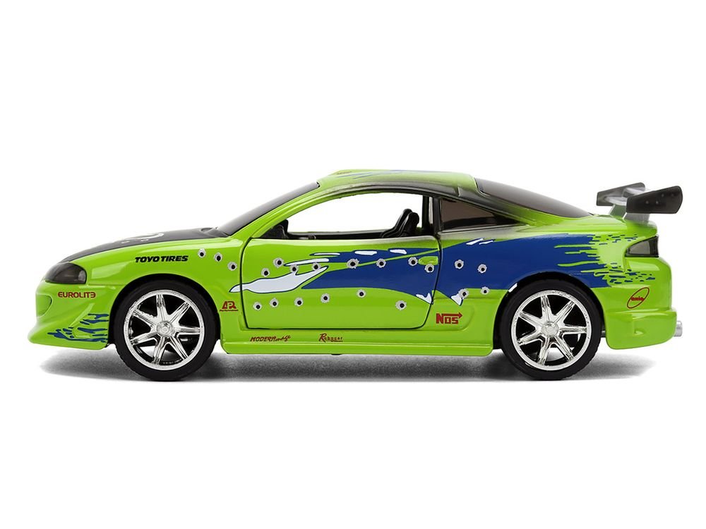 Brian's Mitsubishi Eclipse Green with Graphics (Damaged Version) "25 Years of Fast & Furious" "The Fast and the Furious" (2001) Movie 1/32 Diecast Model Car by Jada view 3