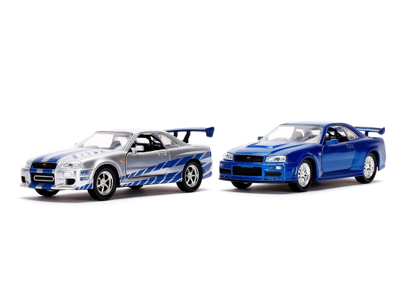 Brian's Nissan Skyline GT-R (BNR34) Silver with Blue Stripes and Nissan GT-R (BNR34) Blue Metallic Set of 2 pieces "25 Years of Fast & Furious" Series 1/32 Diecast Model Cars by Jada view 2