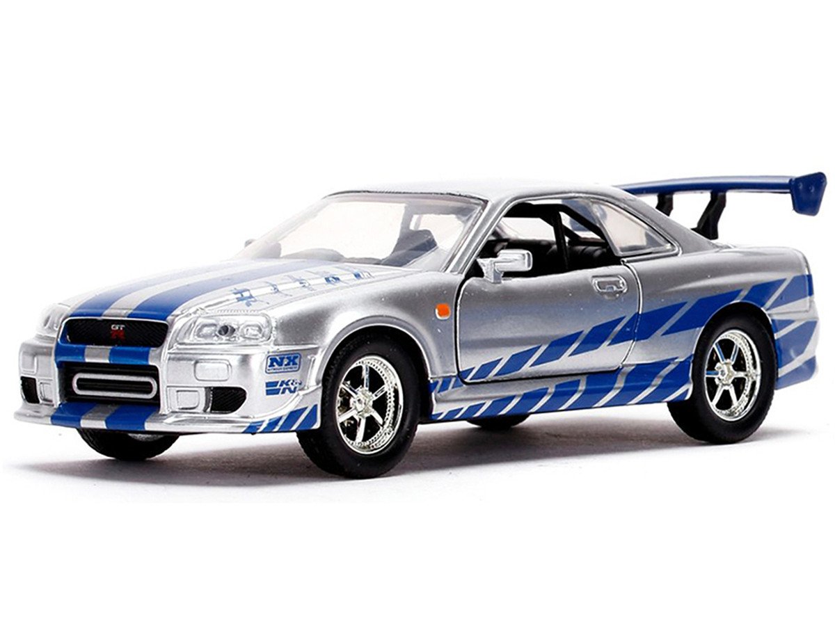 Brian's Nissan Skyline GT-R (BNR34) Silver with Blue Stripes and Nissan GT-R (BNR34) Blue Metallic Set of 2 pieces "25 Years of Fast & Furious" Series 1/32 Diecast Model Cars by Jada view 3