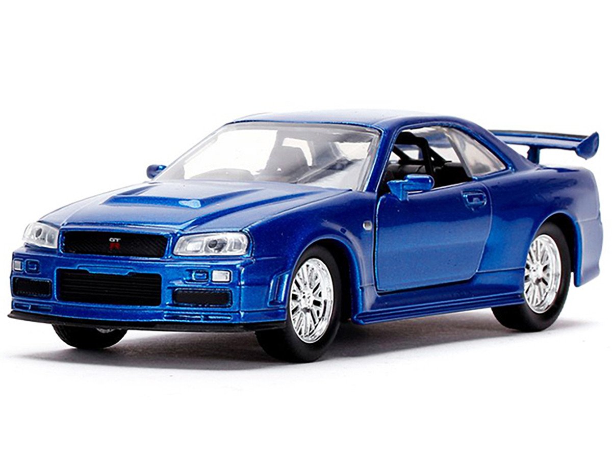Brian's Nissan Skyline GT-R (BNR34) Silver with Blue Stripes and Nissan GT-R (BNR34) Blue Metallic Set of 2 pieces "25 Years of Fast & Furious" Series 1/32 Diecast Model Cars by Jada view 4