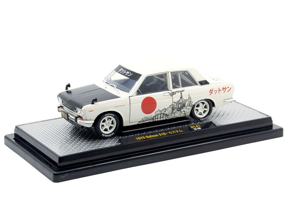 1970 Datsun 510 Light Gray with Japanese Graphics Limited Edition to 4050 pieces Worldwide 1/24 Diecast Model Car by M2 Machines view 2