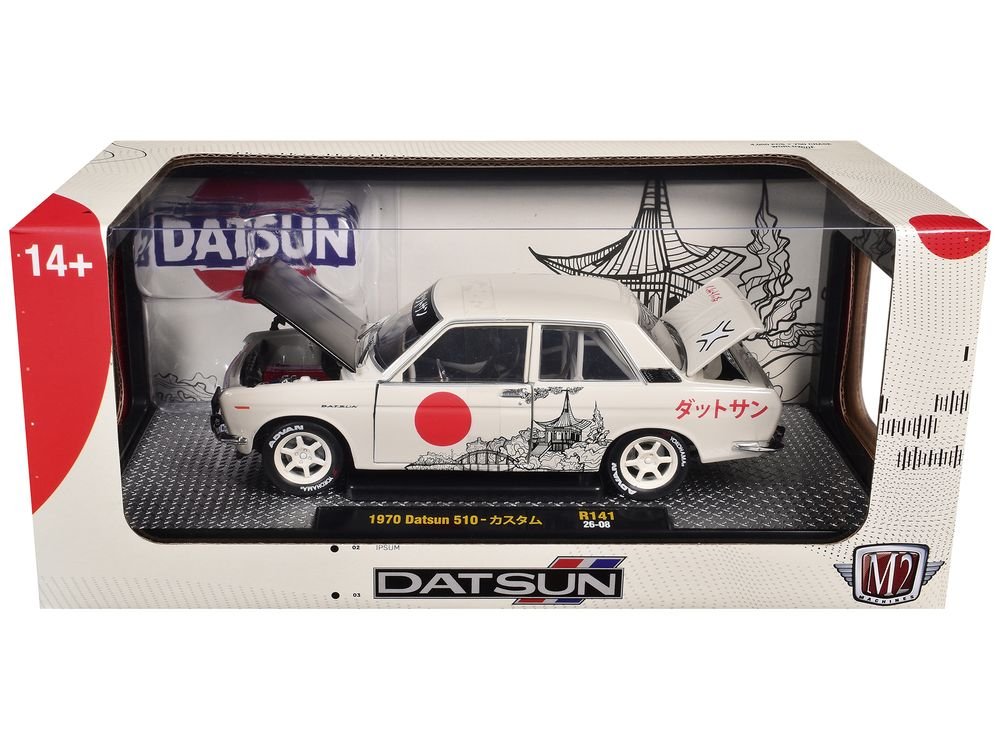 1970 Datsun 510 Light Gray with Japanese Graphics Limited Edition to 4050 pieces Worldwide 1/24 Diecast Model Car by M2 Machines view 3