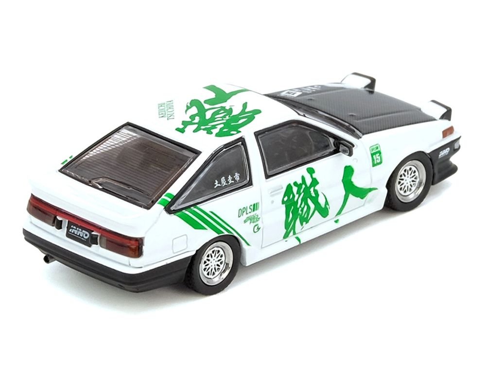 Toyota Sprinter Trueno (AE86) RHD (Right Hand Drive) #15 "Keiichi Tsuchiya" White with Green Graphics 1/64 Diecast Model Car by Inno Models view 3