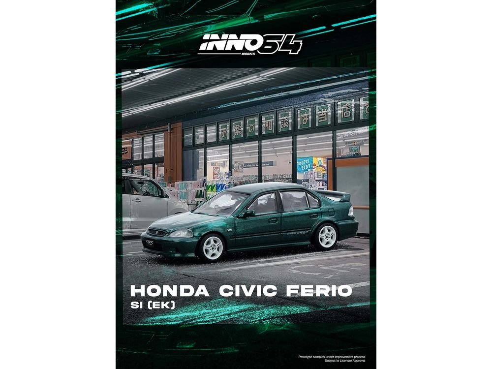 Honda Civic Ferio Si (EK) RHD (Right Hand Drive) Green Metallic 1/64 Diecast Model Car by Inno Models view 3