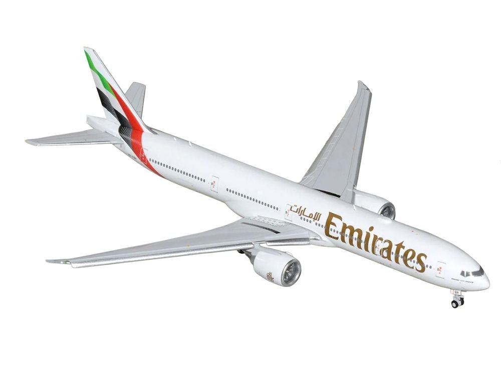 Boeing 777-300ER Commercial Aircraft with Flaps Down "Emirates Airlines" (A6-EQH) White with Striped Tail 1/400 Diecast Model by GeminiJets view 2
