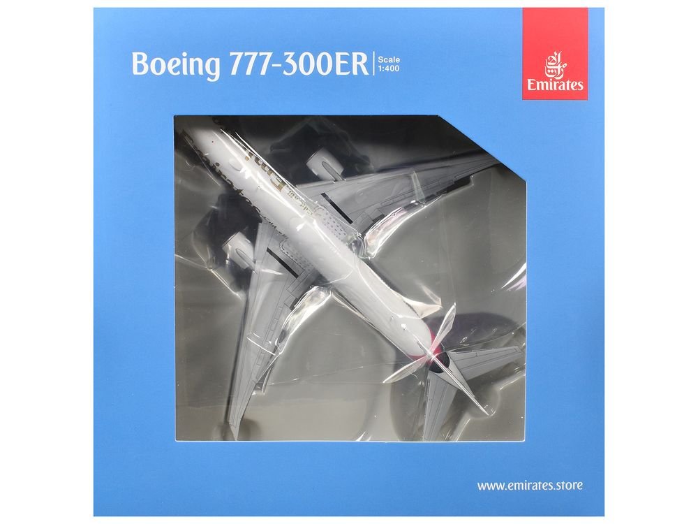 Boeing 777-300ER Commercial Aircraft with Flaps Down "Emirates Airlines" (A6-EQH) White with Striped Tail 1/400 Diecast Model by GeminiJets view 3