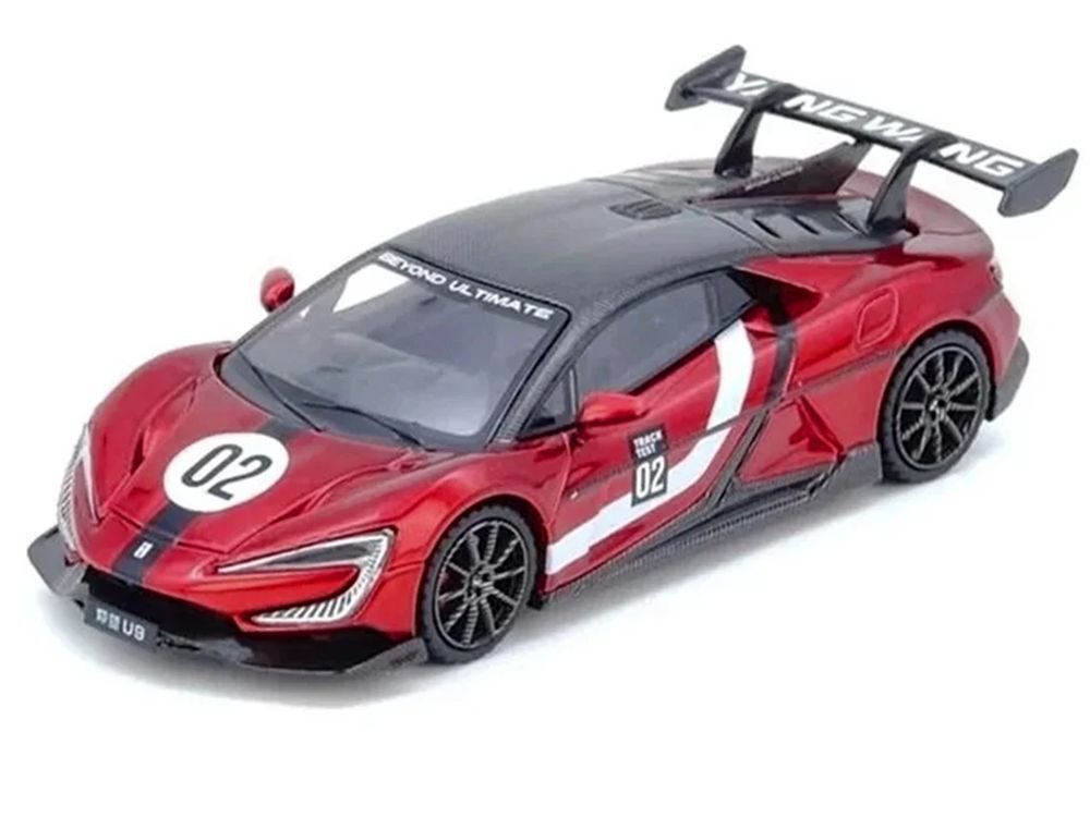 2025 Yangwang U9 Xtreme Test Car #02 Red Metallic with White Stripes and Carbon Top "World Fastest EV Supercar" 1/64 Diecast Model Car by Inno Models view 2