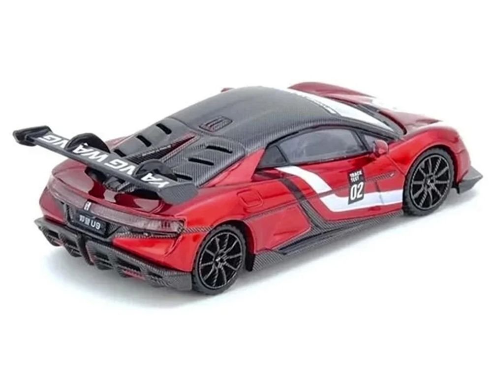 2025 Yangwang U9 Xtreme Test Car #02 Red Metallic with White Stripes and Carbon Top "World Fastest EV Supercar" 1/64 Diecast Model Car by Inno Models view 4