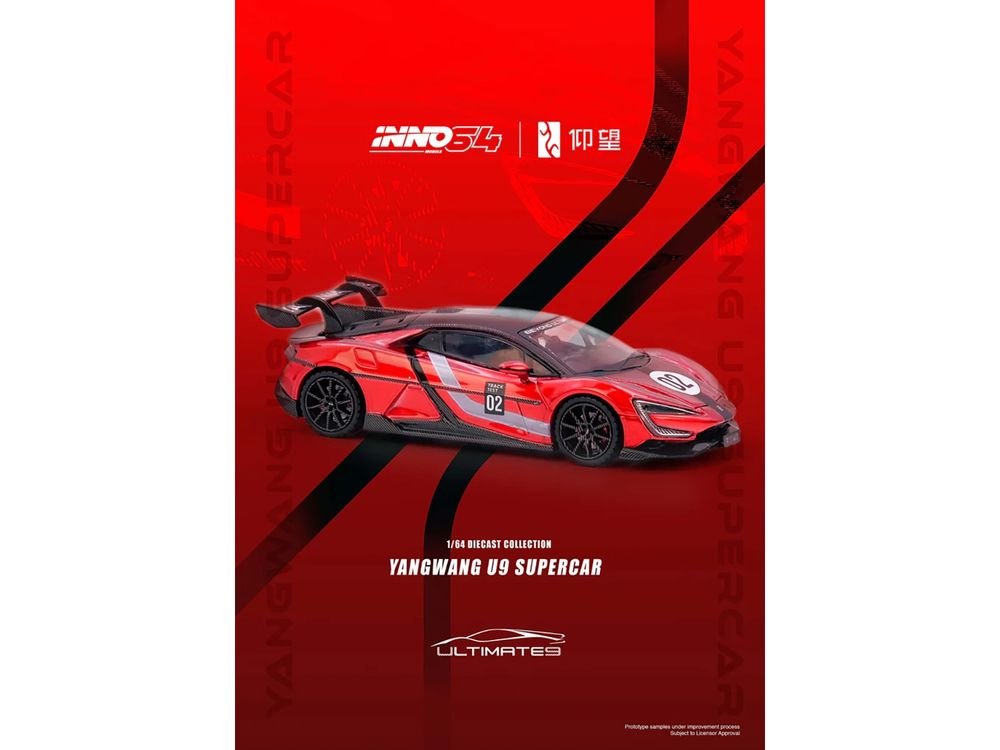 2025 Yangwang U9 Xtreme Test Car #02 Red Metallic with White Stripes and Carbon Top "World Fastest EV Supercar" 1/64 Diecast Model Car by Inno Models view 5