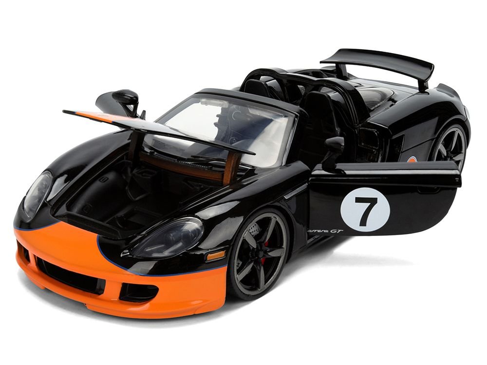 Porsche Carrera GT Convertible #7 "Gulf Oil" Black with Orange Graphics "Hyper-Spec" Series 1/24 Diecast Model Car by Jada view 2