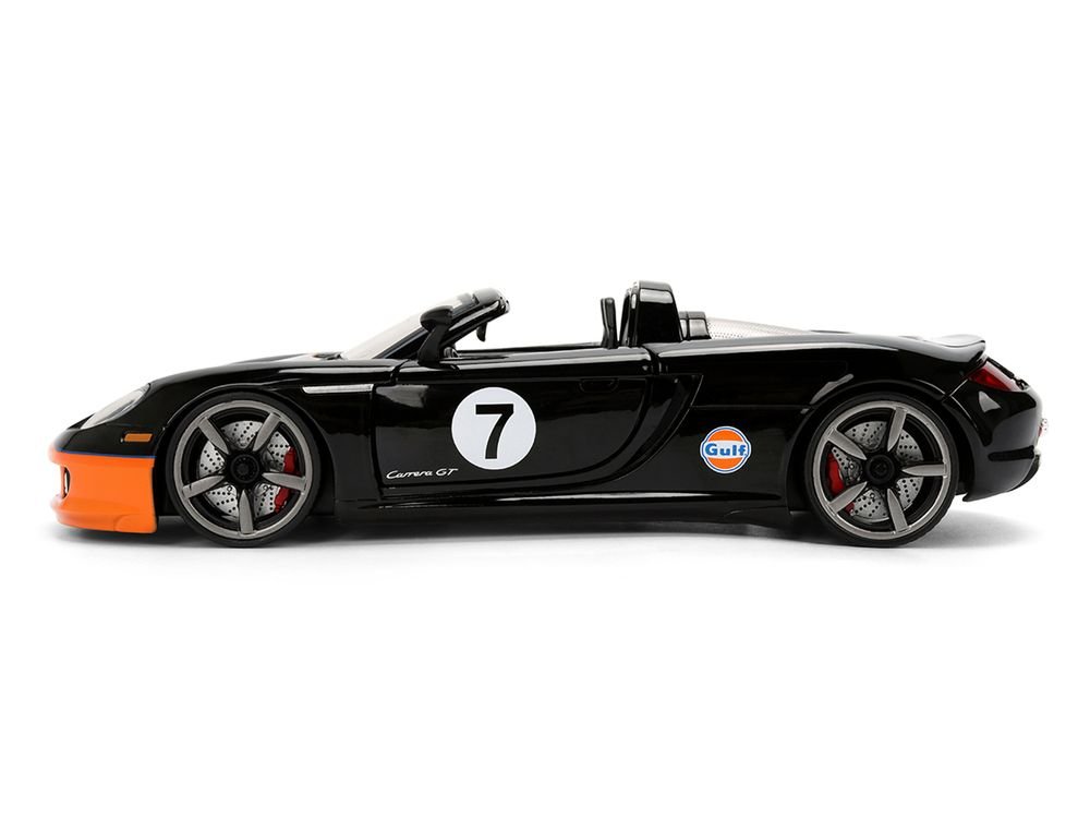 Porsche Carrera GT Convertible #7 "Gulf Oil" Black with Orange Graphics "Hyper-Spec" Series 1/24 Diecast Model Car by Jada view 3