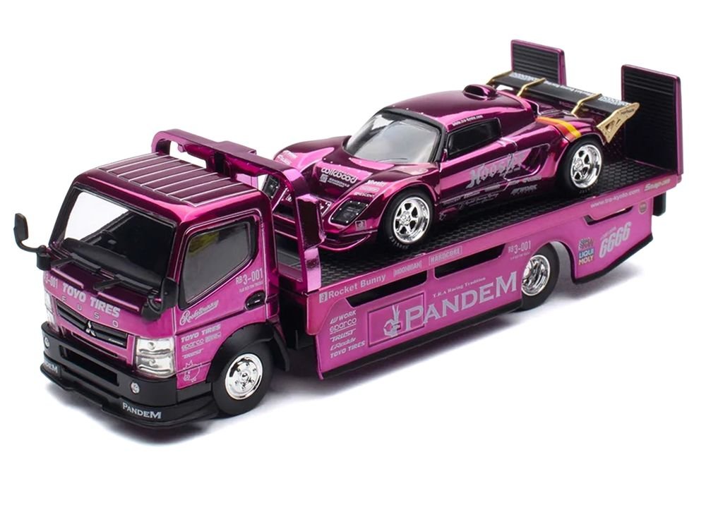 Nissan Pandem Fuso-300 Flatbed Truck RHD (Right Hand Drive) Purple Chrome and Lotus Pandem Elise Purple Chrome with Graphics 2 Car Box Set "Hobby Expo China 2026" 1/64 Diecast Model Car by Pop Race view 2