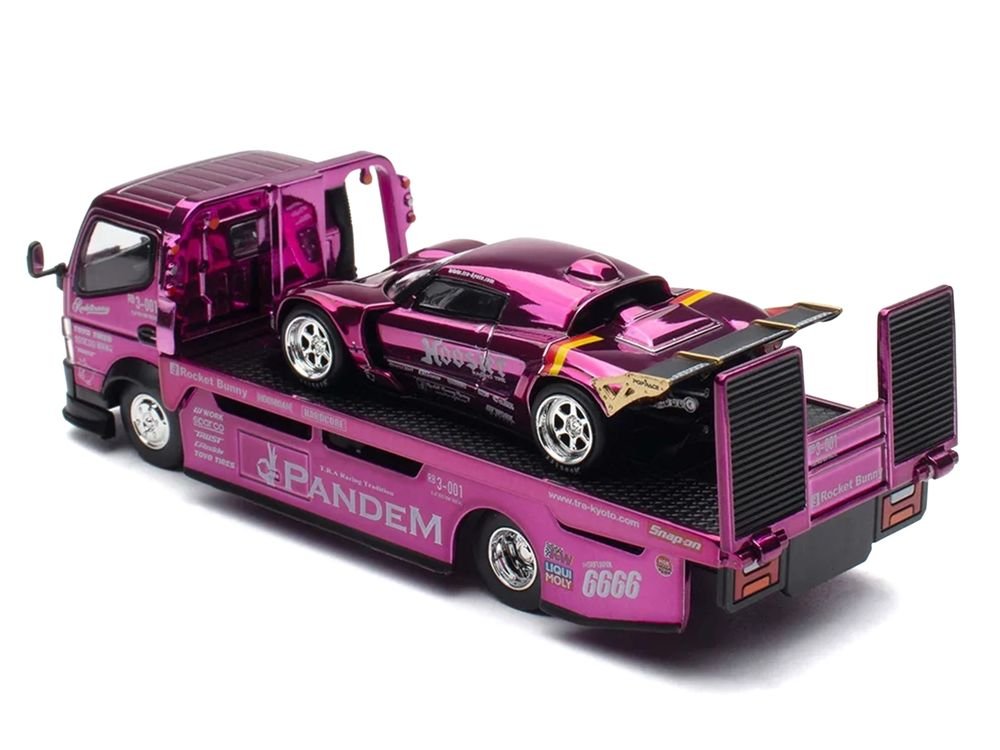 Nissan Pandem Fuso-300 Flatbed Truck RHD (Right Hand Drive) Purple Chrome and Lotus Pandem Elise Purple Chrome with Graphics 2 Car Box Set "Hobby Expo China 2026" 1/64 Diecast Model Car by Pop Race view 3