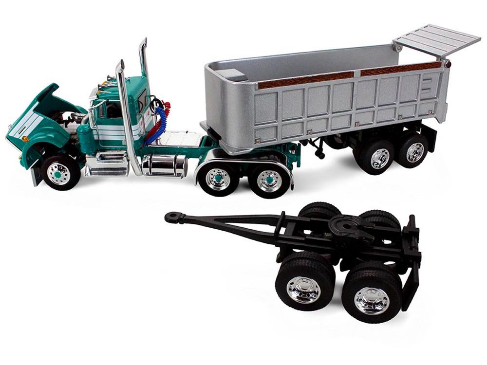 Kenworth W900A Day Cab with 22' Dual End Dump Trailers Turquoise with White Stripes 1/64 Diecast Model by DCP/First Gear view 2
