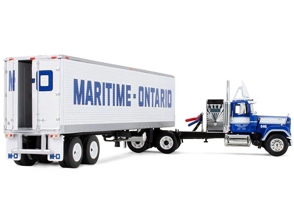 Mack Super-Liner with 36" Vintage Sleeper and 40' Vintage Trailer with Reefer "Maritime-Ontario" Blue with White Stripes "Legacy" Series #4 1/64 Diecast Model by DCP/First Gear view 4