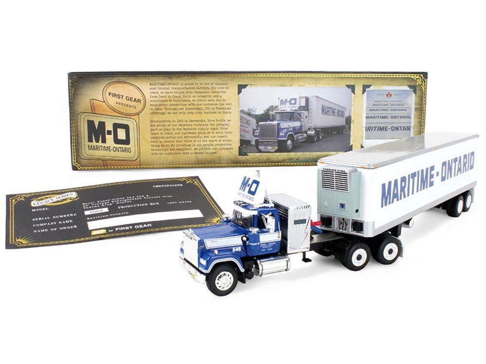 Mack Super-Liner with 36" Vintage Sleeper and 40' Vintage Trailer with Reefer "Maritime-Ontario" Blue with White Stripes "Legacy" Series #4 1/64 Diecast Model by DCP/First Gear view 5