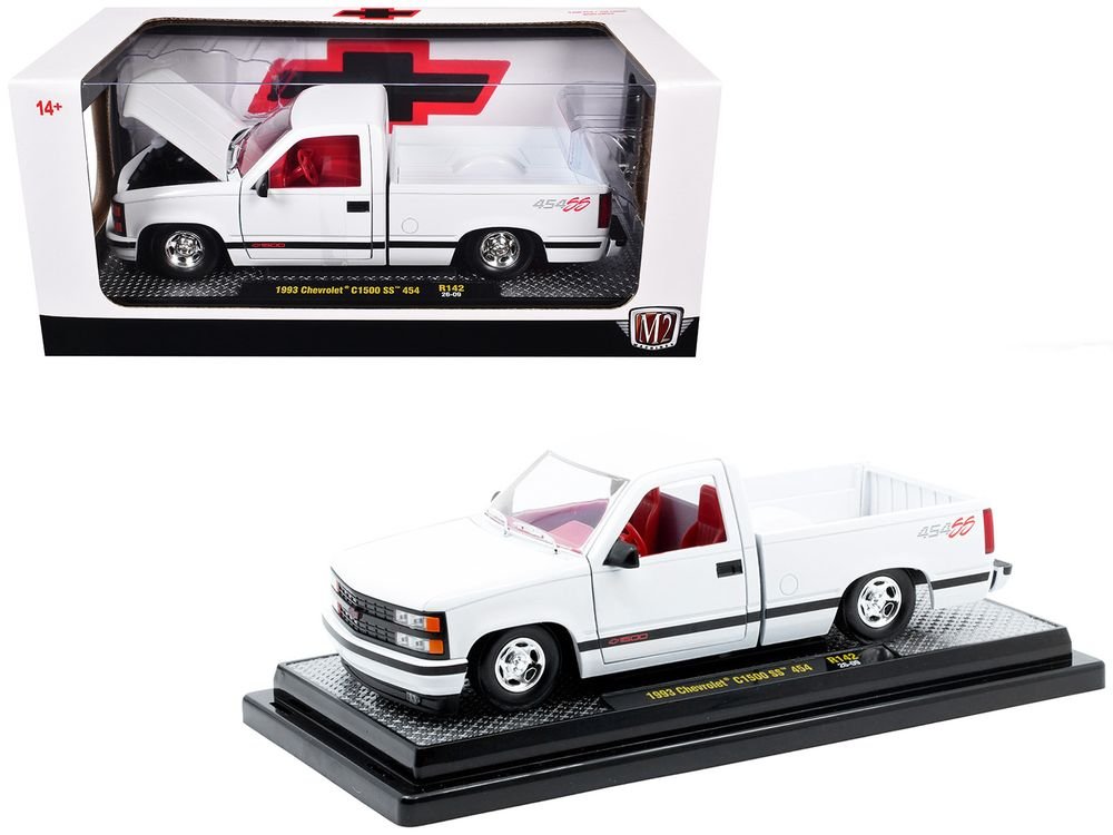 1993 Chevrolet C1500 SS 454 Pickup Truck White with Red Interior Limited Edition to 9600 pieces Worldwide 1/24 Diecast Model Car by M2 Machines