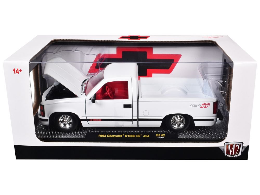 1993 Chevrolet C1500 SS 454 Pickup Truck White with Red Interior Limited Edition to 9600 pieces Worldwide 1/24 Diecast Model Car by M2 Machines view 3