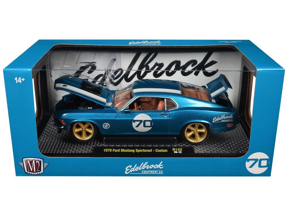 1970 Ford Mustang Sportsroof #70 Blue Metallic with White Stripes Limited Edition to 4050 pieces Worldwide 1/24 Diecast Model Car by M2 Machines view 3