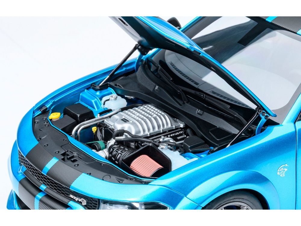 Dodge Charger SRT Hellcat Redeye B5 Blue Metallic with Carbon Stripes 1/18 Model Car by Autoart view 3