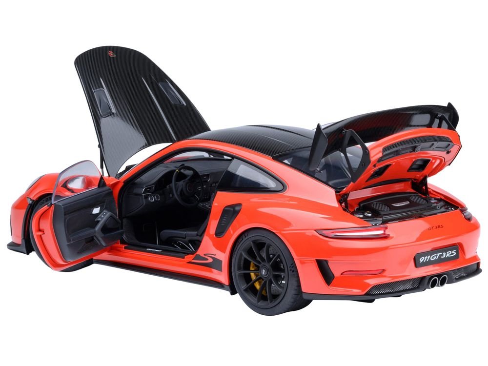 Porsche 911 (991.2) GT3 RS Weissach Lava Orange with Carbon Hood and Top 1/18 Model Car by Autoart view 2