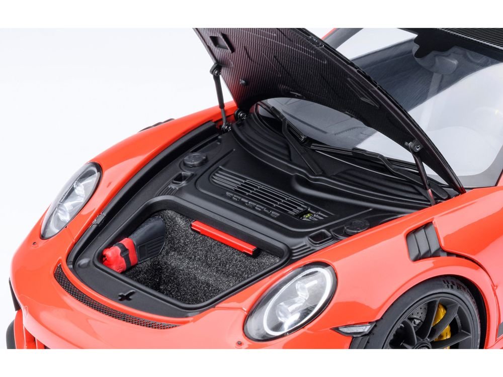 Porsche 911 (991.2) GT3 RS Weissach Lava Orange with Carbon Hood and Top 1/18 Model Car by Autoart view 3