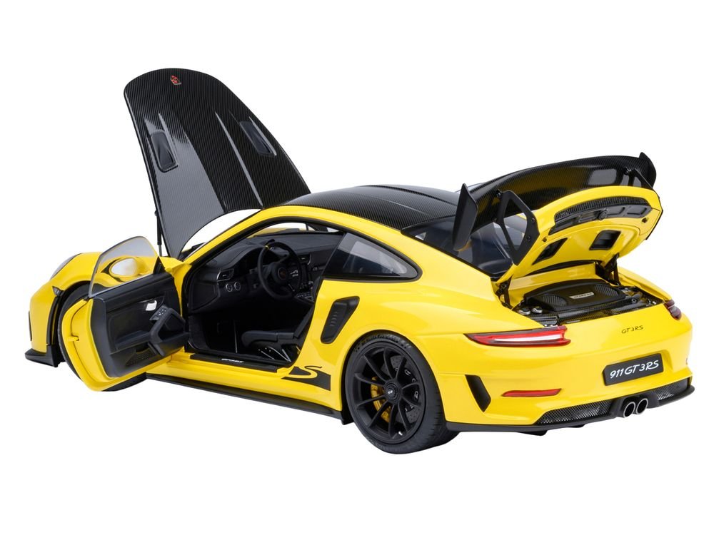 Porsche 911 (991.2) GT3 RS Weissach Racing Yellow with Carbon Hood and Top 1/18 Model Car by Autoart view 2